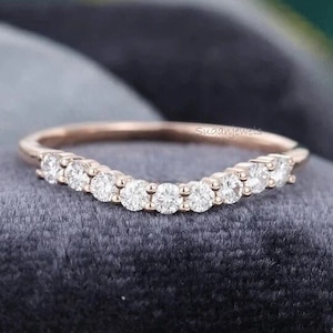 Curved Moissanite Wedding Band: 14k Rose Gold Chevron Ring