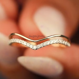 Crown Curved Set Wedding Band, Double Layer Band, Anniversary Gift Ring, Handmade Wedding Ring, 14K Yellow Stacking Band Ring, Matching Ring