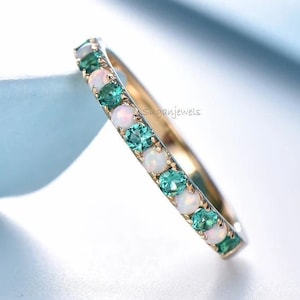 Opal & Emerald Ring 14K Yellow Gold Green Emerald Half Eternity Band Dainty Opal Ring May Birthstone Ring Gold Stacking Ring AnniversaryGift