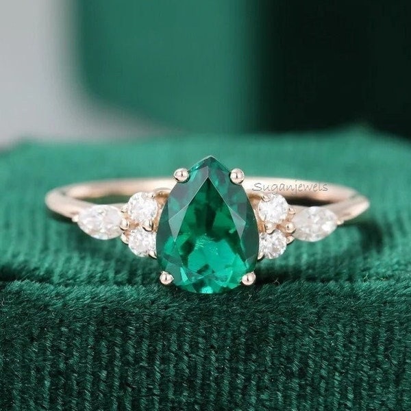 Pear shaped Emerald engagement ring Vintage Rose gold Teardrop emerald ring Marquise cut Diamond Moissanite Bridal promise ring for Women
