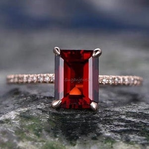 Natural Red Garnet Ring Wedding Ring, January Birthstone Ring, Emerald Cut Red Gemstone Ring, Red Garnet Wedding Ring, Anniversary gift Ring
