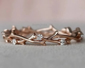 Minimalist Twig Engagement Ring,Twig Matching Band,Women Leaf Diamond Band ,Art Deco Branch Diamond Wedding Band,14k Rose Gold,Handmade Band