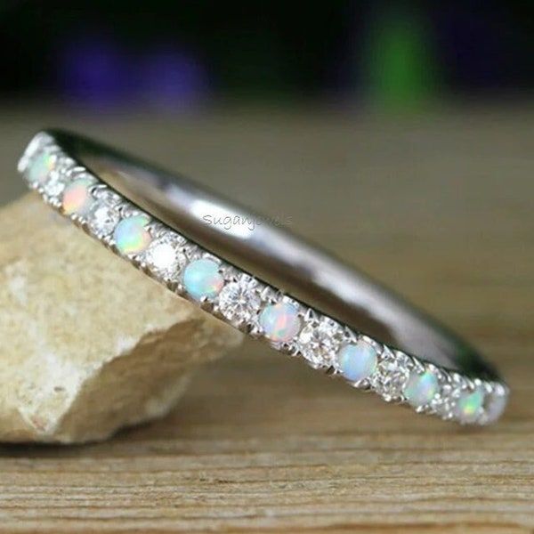 White Gold Opal and Diamond Eternity Band, Opal Ring,Half Eternity 2 mm Wedding Band,Thin Opal Wedding Ring Opal Stacking Ring, Promise Ring