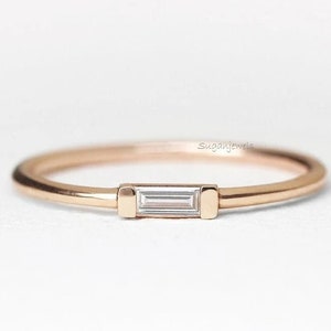 14k Solid Gold Diamond Baguette Ring: Minimalist Wedding Band