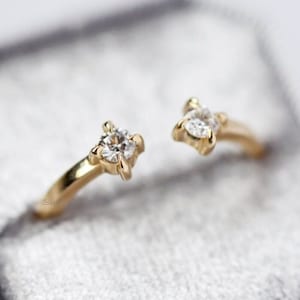 14K Yellow Gold Open Cuff Moissanite dual Two Round Wedding Open Gap Band Ring / Open Round Diamond Matching Bridal Set Dainty Stacking Ring