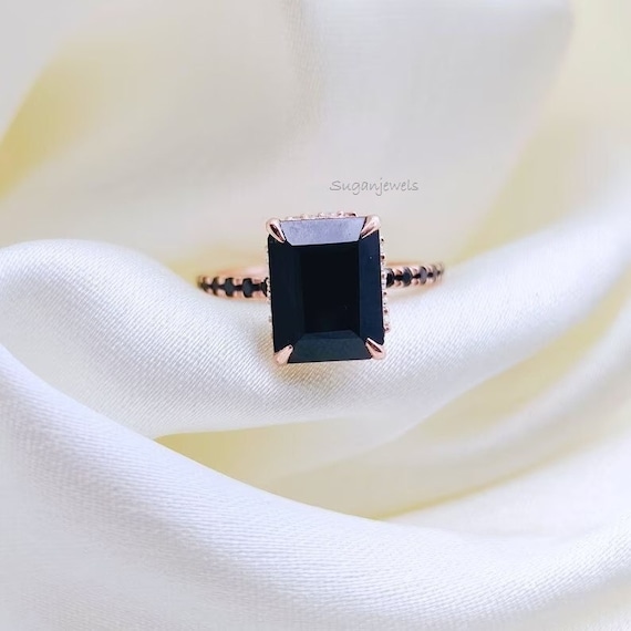 Tapered Shank Black Onyx Solitaire Ring with Diamonds | Angara