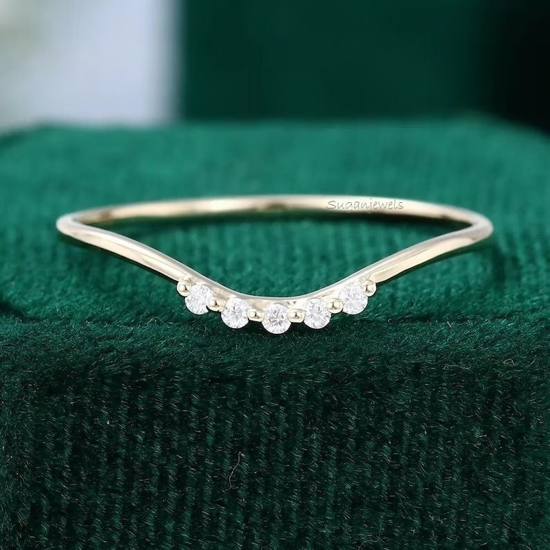14K Yellow Gold Curved Wedding Band: Moissanite Stacking Ring