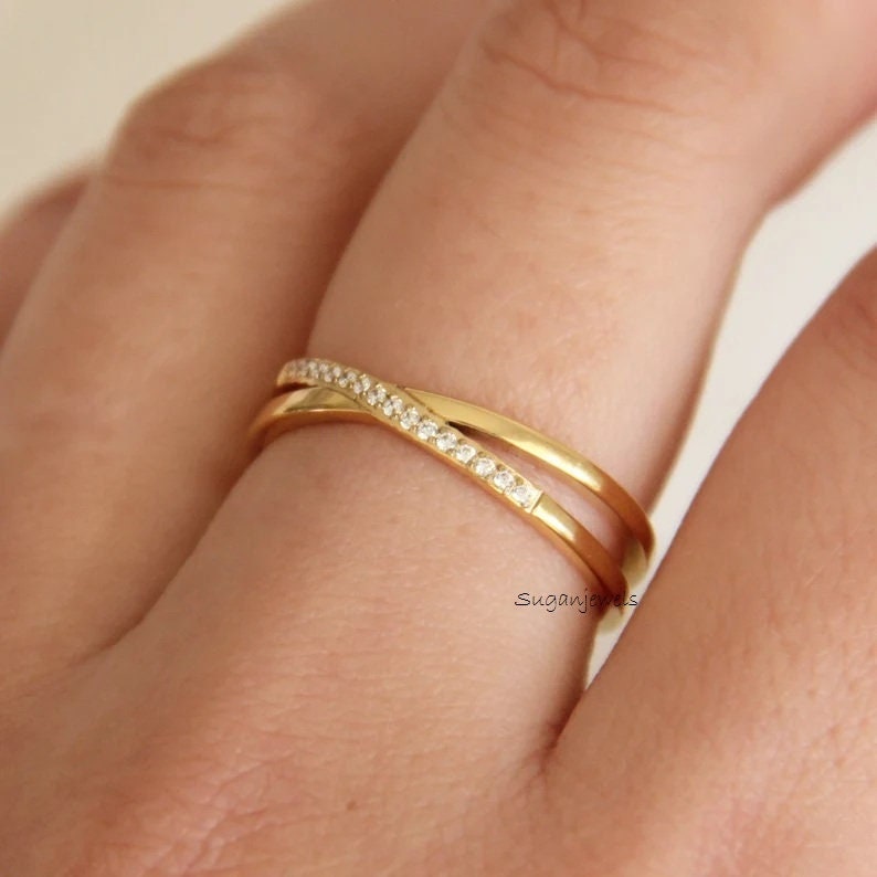 14K Yellow Gold Twist Pave Band Ring, Cross Over Wedding Ring, Minimalist Pave Ring, Minimalist Womens Wedding Band, Anniversary Gift Rings