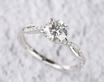 Twisted Moissanite Ring, 1 Ct Round Moissanite Ring, Moissanite Engagement Ring, Twisted Engagement Ring, Promise Ring, 14K White  Gold Ring