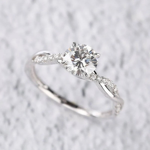 Twisted Moissanite Ring, 1 Ct Round Moissanite Ring, Moissanite Engagement Ring, Twisted Engagement Ring, Handmade Ring, 14K White Gold Ring