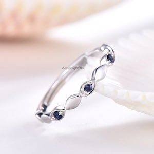 Round Blue Sapphire Half Eternity Band With Marquise shape round Sapphire Wedding Band, Blue Sapphire Band, 14K White Gold Stacking BandRing