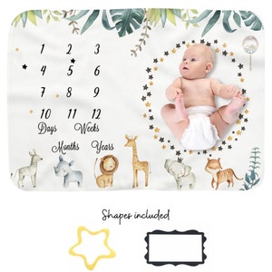 Manta de hitos para bebé de 120 cm x 150 cm / Formas incluidas / Temática de safari / Animales / Creación de recuerdos / Accesorios para sesiones de fotos