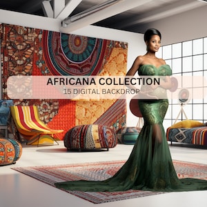 Puede incluir: Una mujer con un vestido verde de lentejuelas se encuentra en una habitación con una decoración colorida de inspiración africana. El texto "AFRICANA COLLECTION 15 DIGITAL BACKDROP" se muestra en una pancarta blanca.