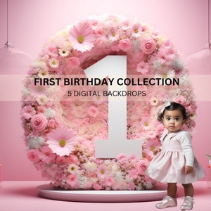 First Birthday Girl: Pink Floral Digital Backdrop (5 PNG)