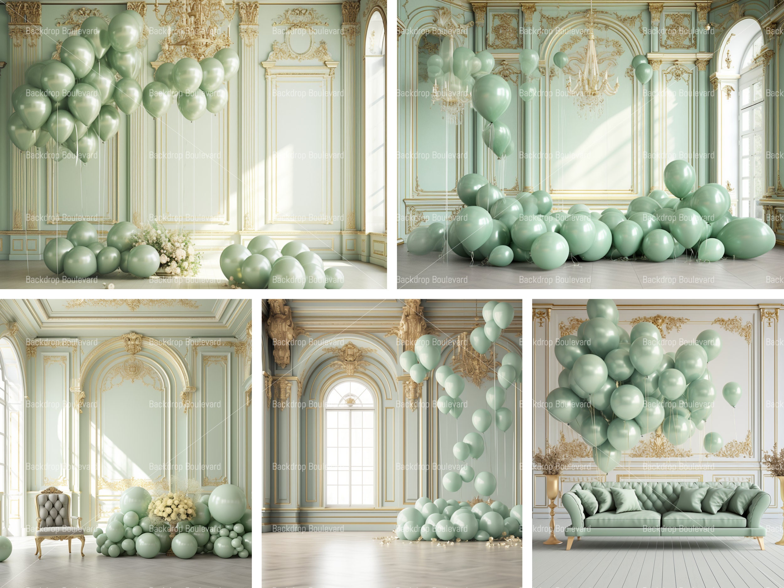 15 Green Digital Backdrops, Balloon, Celebration Digital Backdrops