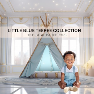 12 Digital Backdrops Blue Teepee, Child Photography Studio Backdrops, Photoshop overlays, Cake Smash Digital Background