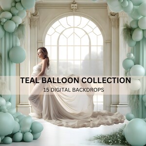 15 Light Teal & Blue Balloons Background Backdrop for Photography, Baby Shower, Birthday Digital Downloads , Photoshop