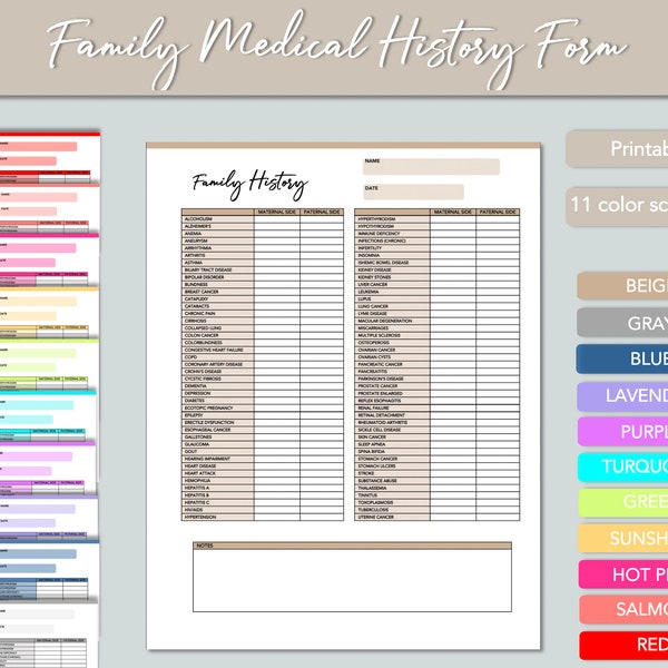 Liste de contrôle des antécédents médicaux familiaux imprimable | 11 palettes de couleurs | 84 Formulaire des troubles familiaux, des maladies, des infections et des maladies