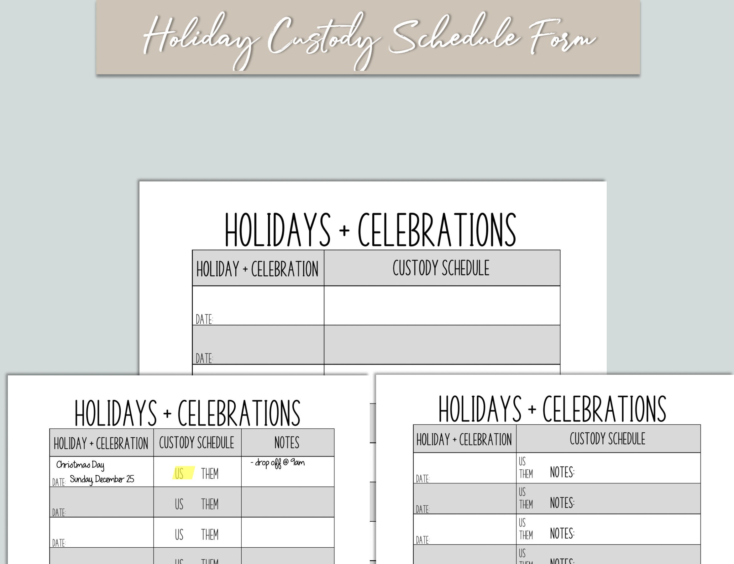 Holidays & Celebrations Custody Schedule Forms for Blended Family  Organization Rae Dunn Font Style - Etsy