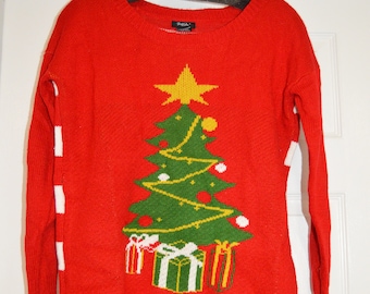 VTG Rhapsody Red and White Christmas Tree Holiday Sweater sz Medium