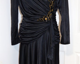 VTG ABBY KENT Black Drape and Applique Cocktail 80s Dress sz 12