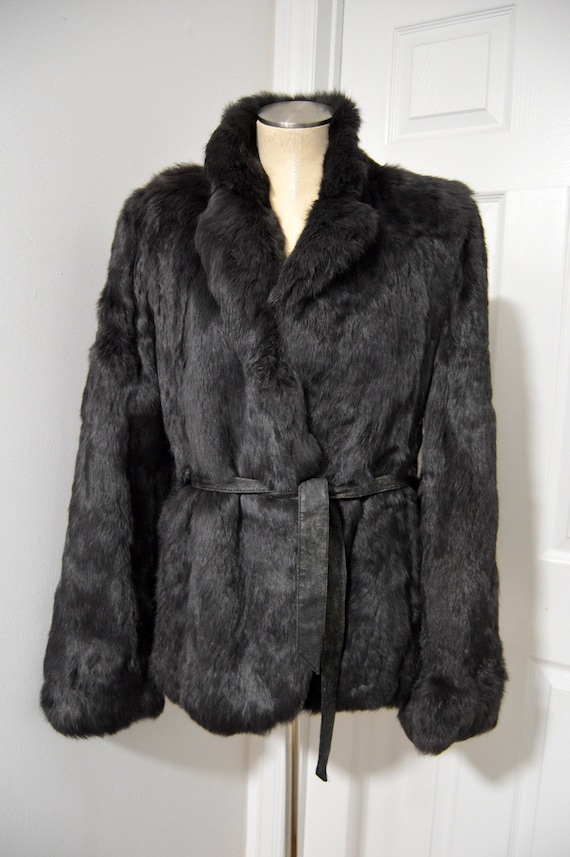 VTG Black Rabbit Fur Coat with leather belt (Mediu