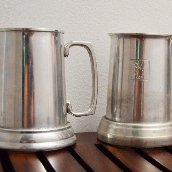 Glass Bottom Beer Stein Metal Tankard Mugs (Qty 2, one with Playboy logo)