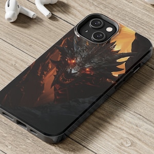 May include: Black phone case featuring a dragon design. The dragon has red eyes and is breathing fire. The phone case has a black background with a gold accent.