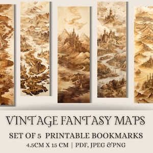 5 vintage fantasiekaart afdrukbare bladwijzers | Vintage esthetiek | Fantasie bladwijzer afdrukbaar | Cadeau-idee voor boekenleggers voor boekenliefhebbers