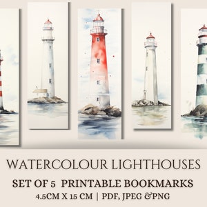 Watercolour Lighthouse Printable Bookmarks | Beach Bookmarks | Bookmarks for Her | Watercolour Bookmark | Bookmark Bundle | Print at Home