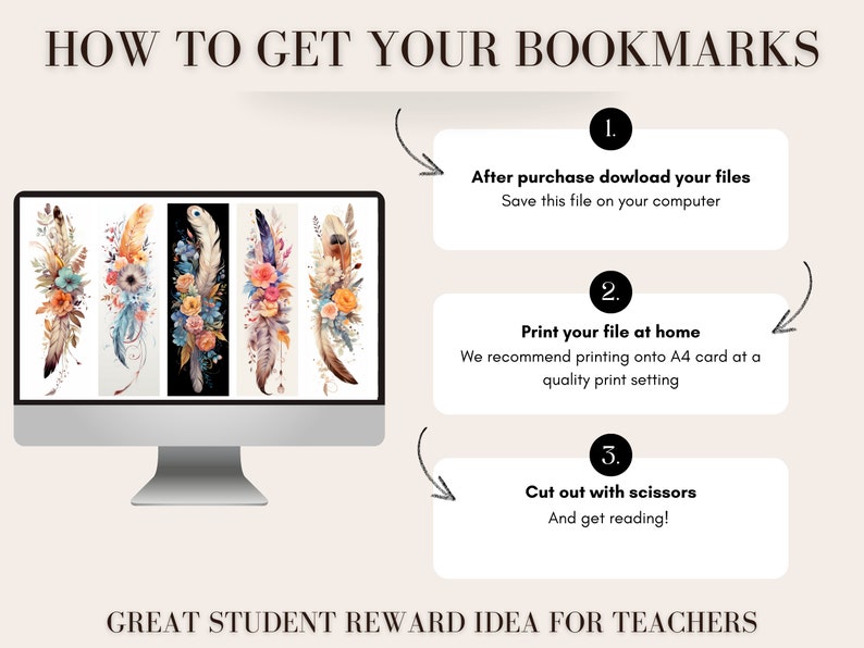 Boho Floral Printable Bookmarks: Feather & Flower Designs (set of 15 ...
