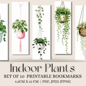 May include: Set of 10 printable bookmarks featuring watercolor illustrations of hanging indoor plants. Each bookmark showcases a different plant in a hanging pot. The bookmarks are 4.5cm x 15cm in size.