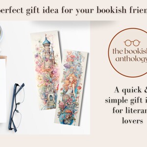 Flat lay image of 2 bookmarks on a white background with a cup of black coffee, reading glasses and a blank notebook.  Bookmarks show soft pastel coloured images of a castle and a princess.  Text states perfect gift idea for bookish friends.