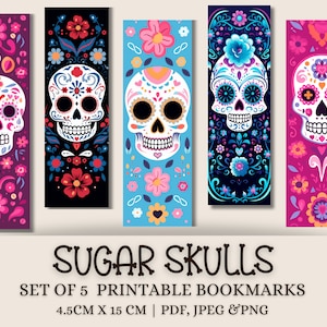 May include: Set of five printable bookmarks featuring colourful sugar skull designs with floral patterns. Each bookmark measures 4.5 cm by 15 cm. The bookmarks are available in PDF, JPEG, and PNG formats.