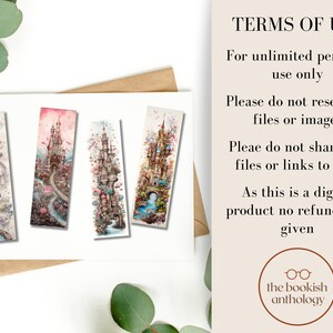 Flat lay image 4 different bookmarks on a white piece of paper with some green leaves in the corners as decoration. Bookmarks feature fantasy romance images of castles in soft hues.  Text states terms of use.