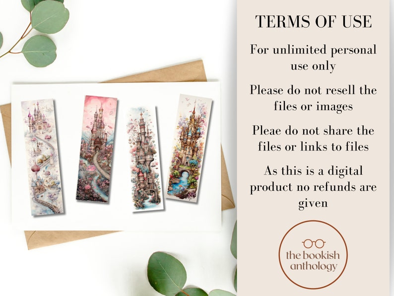 Flat lay image 4 different bookmarks on a white piece of paper with some green leaves in the corners as decoration. Bookmarks feature fantasy romance images of castles in soft hues.  Text states terms of use.