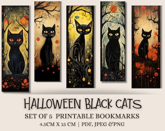 Marque-pages chat noir Halloween, motifs sorcières, marque-pages imprimables pour Halloween, marque-page amoureux des chats à imprimer à la maison