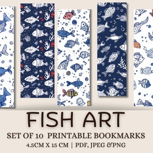 10 Fish Printable Bookmarks | Sea Creature Bookmark | Pattern Bookmark | Cute Bookmark for Kids | DIY Bookmark Print at Home | Gift Tag Idea