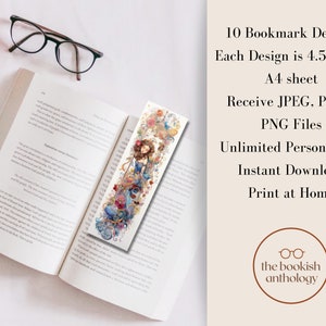 Image of an open book with a bookmark on top, reading glasses & a cup of coffee to the corner.  Bookmark has an feminine and romantic image of a fairy tale princess in a blue dress surrounded by flowers.  Text stating instant download & print at home