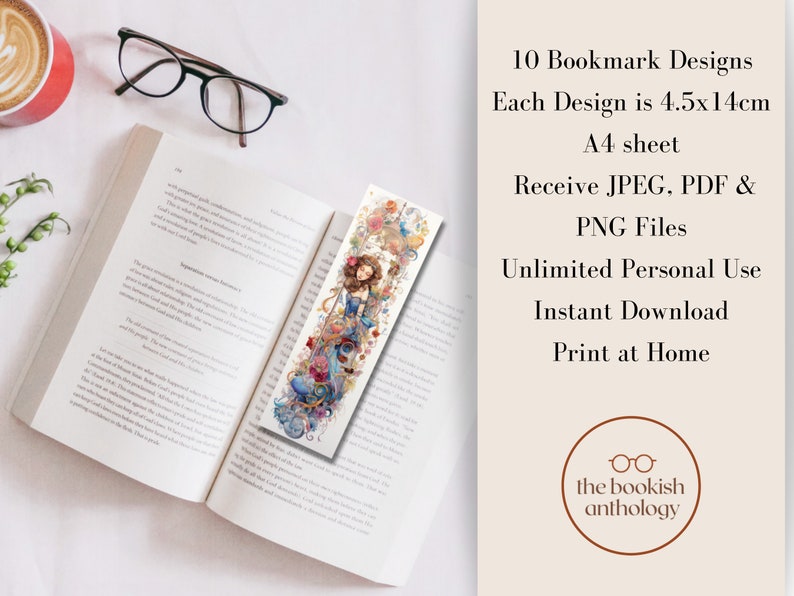 Image of an open book with a bookmark on top, reading glasses & a cup of coffee to the corner.  Bookmark has an feminine and romantic image of a fairy tale princess in a blue dress surrounded by flowers.  Text stating instant download & print at home
