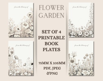 English Flower Garden Book Plates Printable Book Plate Floral, black and white floral art ephemera printable for book lovers bookish gift