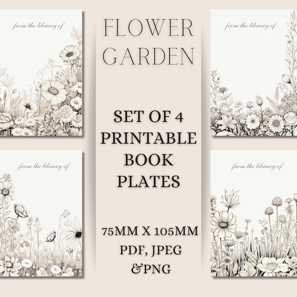 English Flower Garden Book Plates Printable Book Plate Floral, black and white floral art ephemera printable for book lovers bookish gift