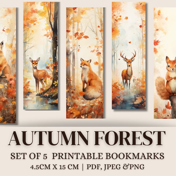 Set of 5 Autumn Forest Printable Bookmarks with autumn animals, autumn colours bookmark printable for book lovers bookmark bookish gift