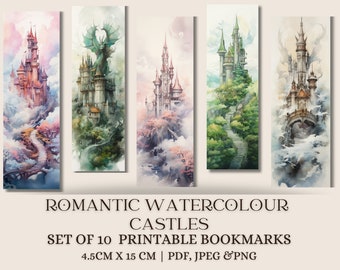 Set of 10 romantic watercolour castle fantasy bookmarks printable bookmark watercolor bookmark digital download for book lover gift