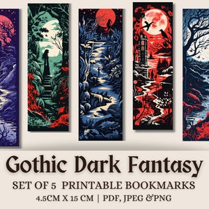 Gothic Fantasy Bookmarks: Dark Literature Gift (Printable Set of 5)