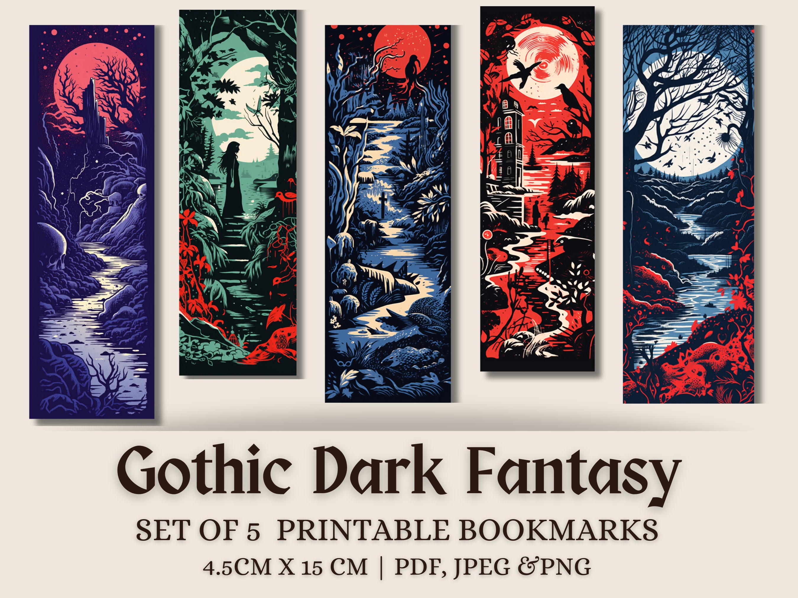 Gothic Fantasy Bookmarks: Dark Literature Gift (Printable Set of 5)