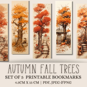 5 Autumn Fall Tree Printable Bookmark | Fall Aesthetic Bookmark | Bookmark for Autumn Lover | DIY Gift for Book Lover | Cosy Bookmark