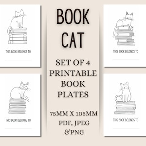 May include: Set of four printable book plates featuring a black and white line drawing of a cat sitting on a stack of books. Each plate has the text "This book belongs to" and a blank space for writing.