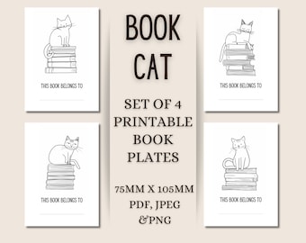 Puede incluir: Conjunto de cuatro placas de libros imprimibles con un dibujo en blanco y negro de un gato sentado en una pila de libros. Cada placa tiene el texto "Este libro pertenece a" y un espacio en blanco para escribir.