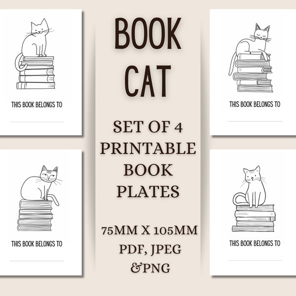 Set of 4 Cute Cat Book Plates Printable Book Plate Cats & Book Stacks, Cat Lover Printable for Book Lovers Bookish Gift Home Library